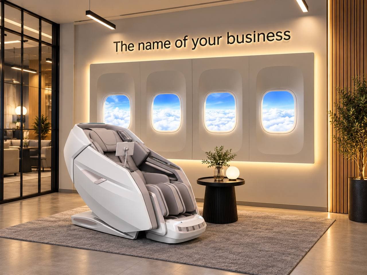 Branded Aviation Photo Zone with Massage Chair Lounge